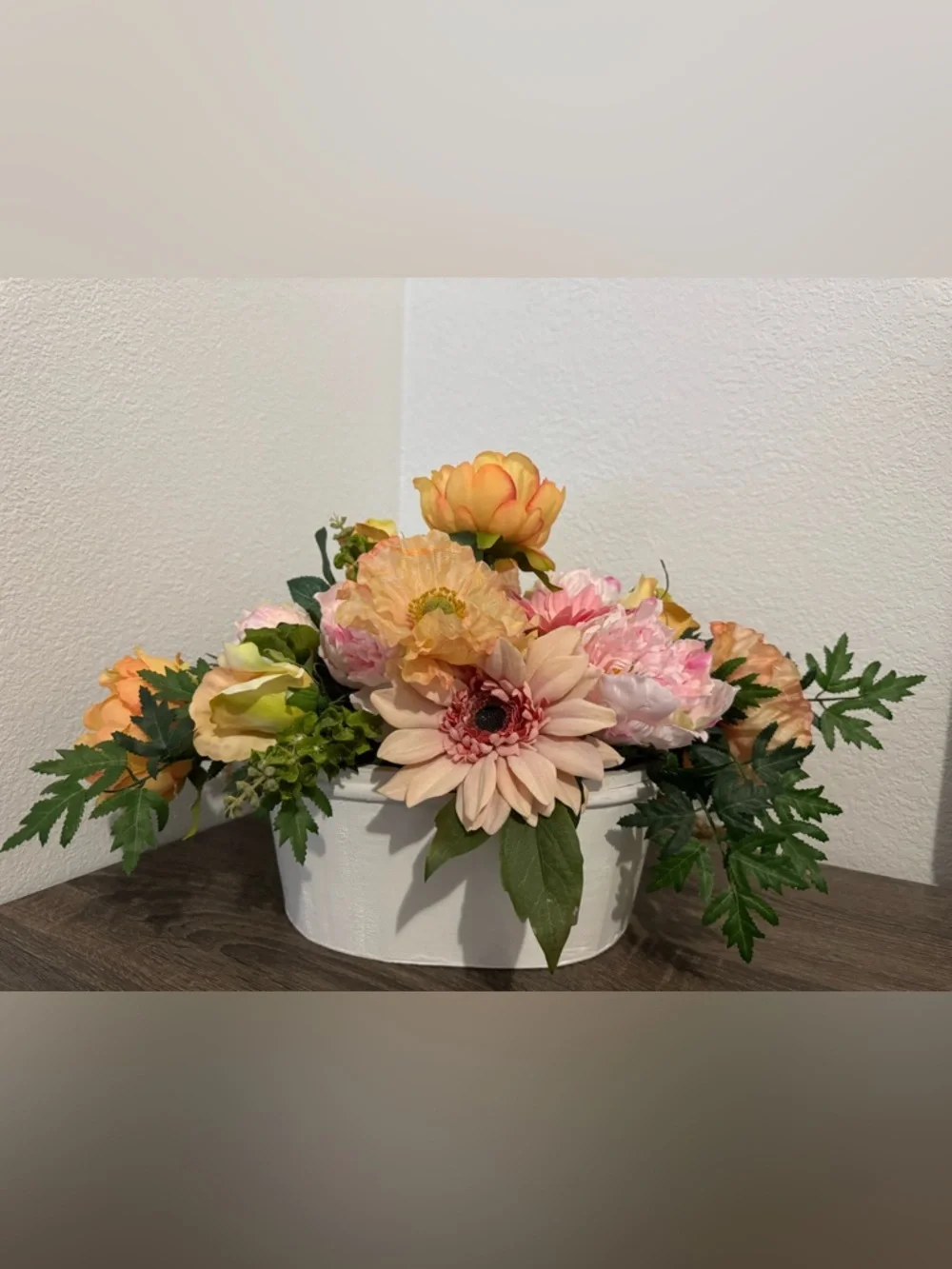Vtg. Peach Floral Arrangement in White Wood Basket - Home Accents